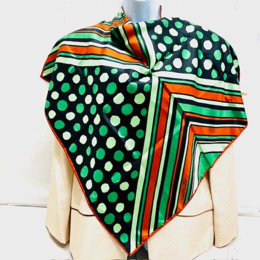 (2) Emanuel Ungaro Paris Scarfs 100% Silk 27" Green stripe Blue Orange Dot (27 - Picture 12 of 16